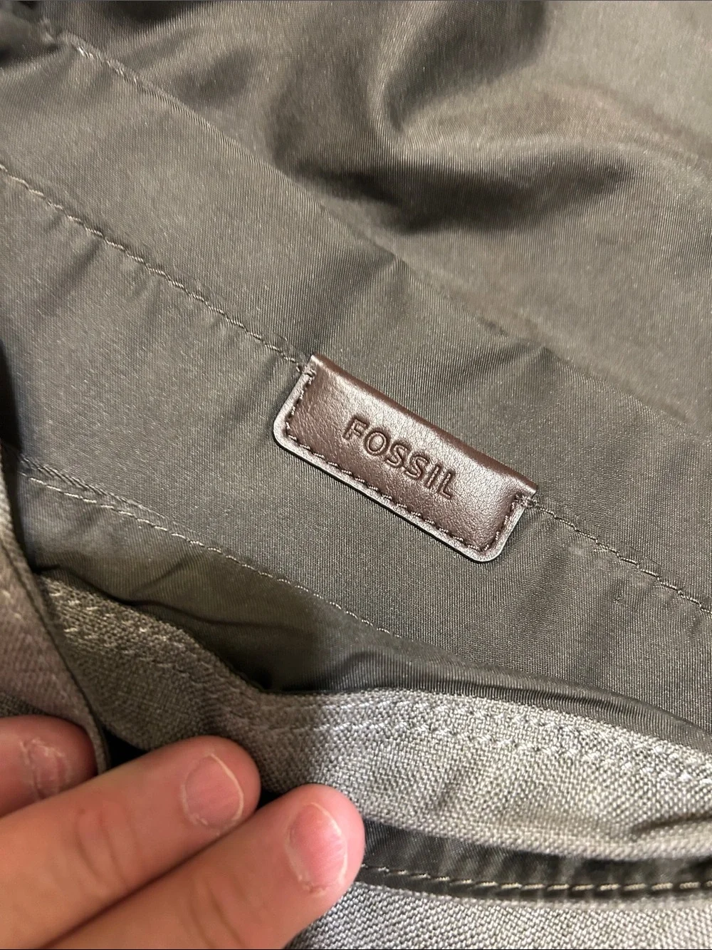 Fossil Gray Canvas Messenger Bag with Brown Trim